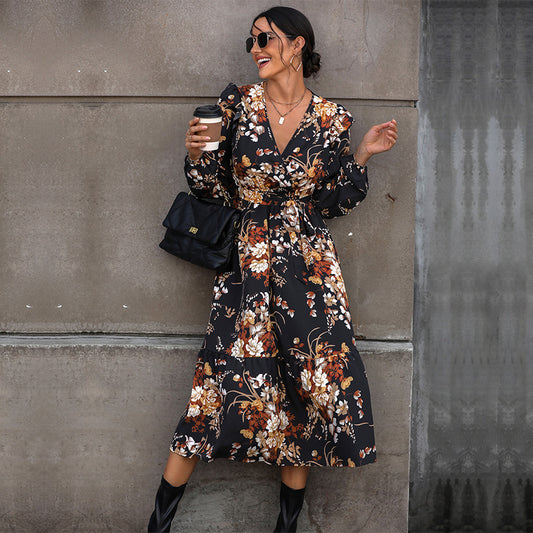 New  Women&#039;s Clothing European And American Printed Autumn Dress