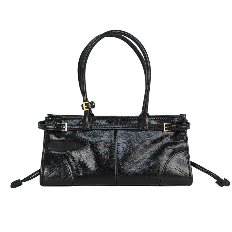 New Soft Lux Boston Baguette Bag Retro Motorcycle Wind Head Layer Oil Wax Leather Women&#039;s Bag Crossbody Shoulder Bag