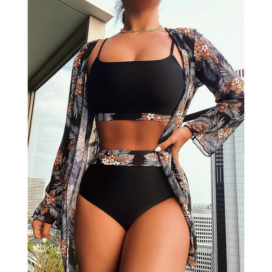 Swimsuit Female Split Three-piece High Waist Long Sleeve Ins Blouse Sunscreen